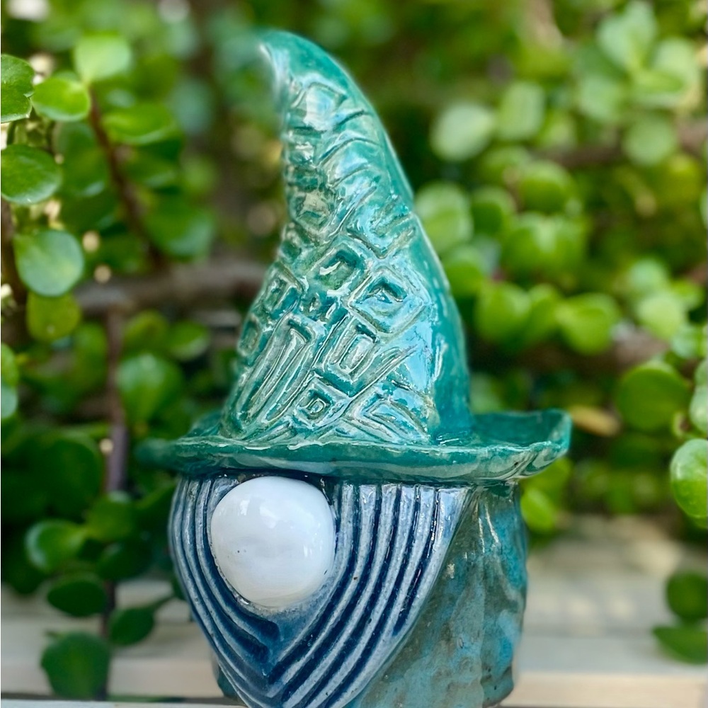 Handcrafted Teal and Blue Ceramic Gnome